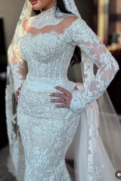 Luxurious Mermaid High‑Neck Long‑Sleeve Illusion‑Back Cathedral‑Train Plus Size Wedding Dress