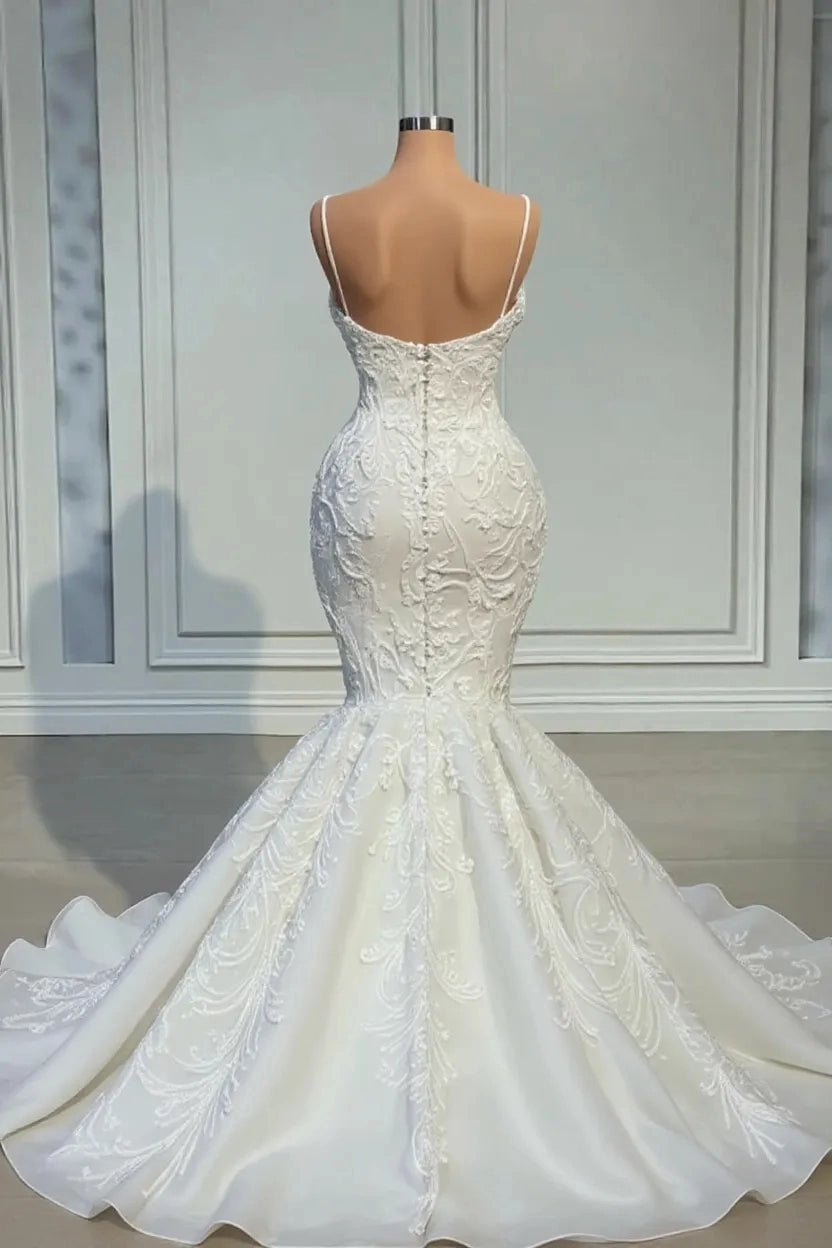 Back view Roselledress plus size mermaid bridal dress v open back button zipper closure embroidered lace wedding gown