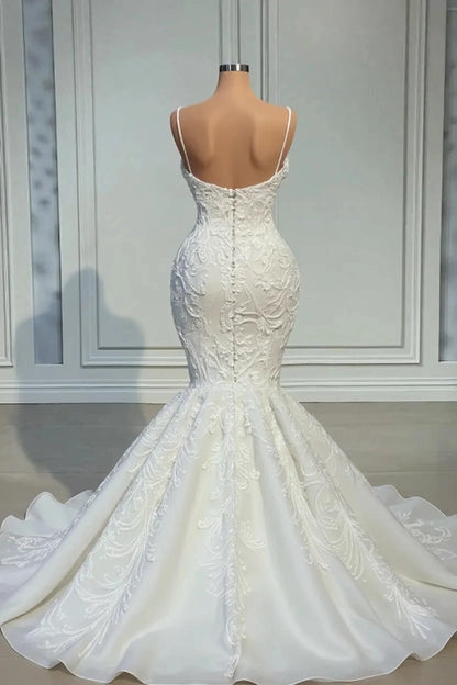 Back view Roselledress plus size mermaid bridal dress v open back button zipper closure embroidered lace wedding gown