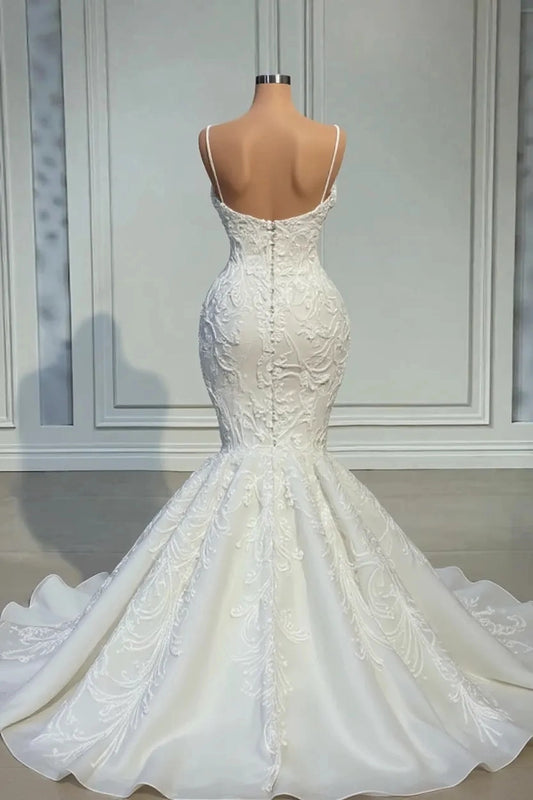 Back view Roselledress plus size mermaid bridal dress v open back button zipper closure embroidered lace wedding gown
