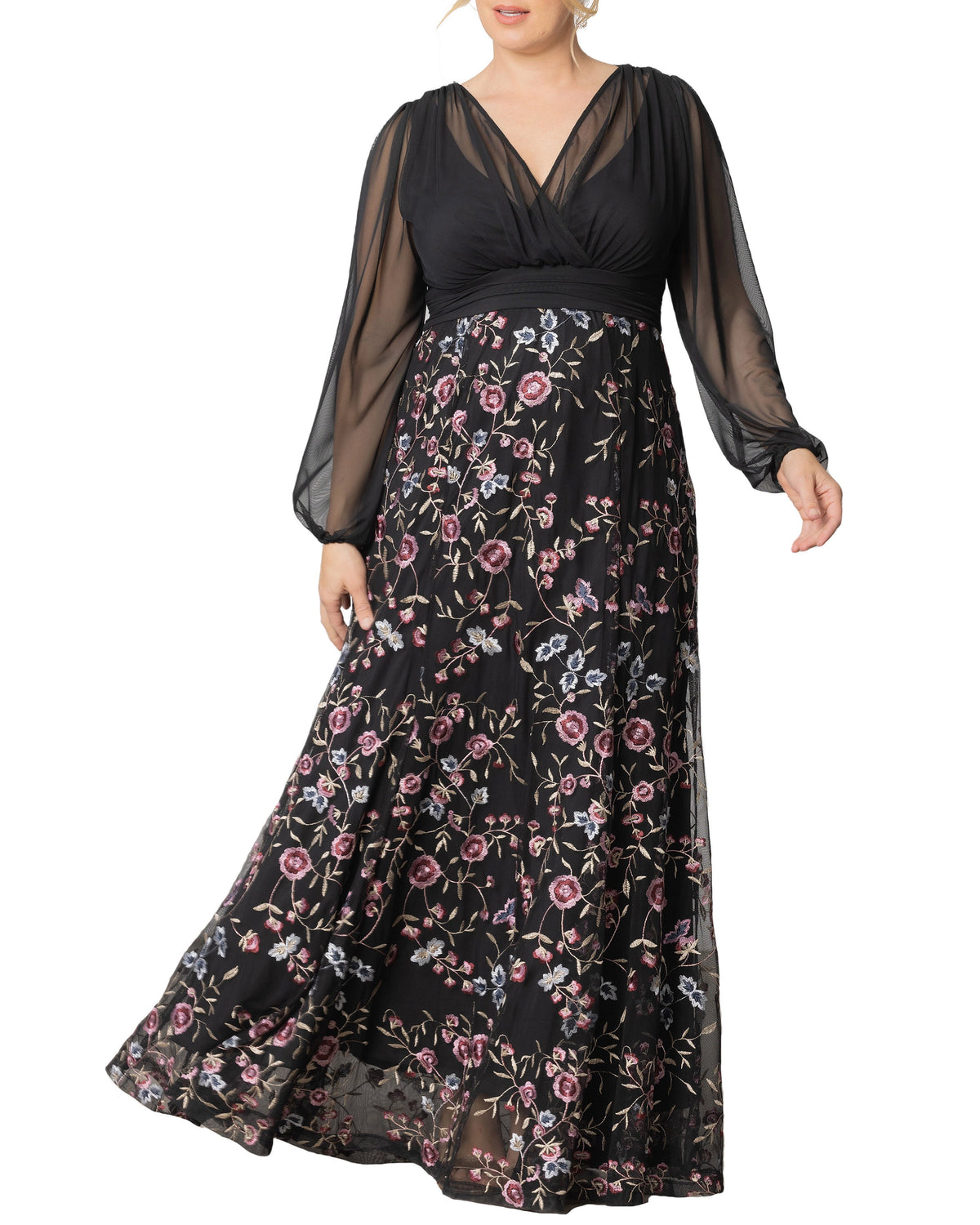 Elegant A-Line V-Neck Long-Sleeve Jacquard Zipper-Back Floor-Length Plus Size Wedding Guest Dress