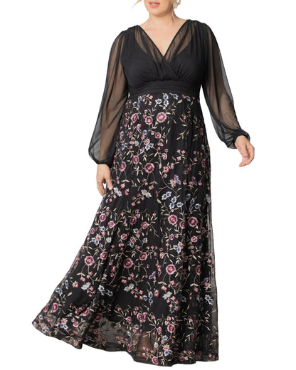 Elegant A-Line V-Neck Long-Sleeve Jacquard Zipper-Back Floor-Length Plus Size Wedding Guest Dress