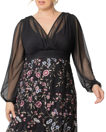 Elegant A-Line V-Neck Long-Sleeve Jacquard Zipper-Back Floor-Length Plus Size Wedding Guest Dress