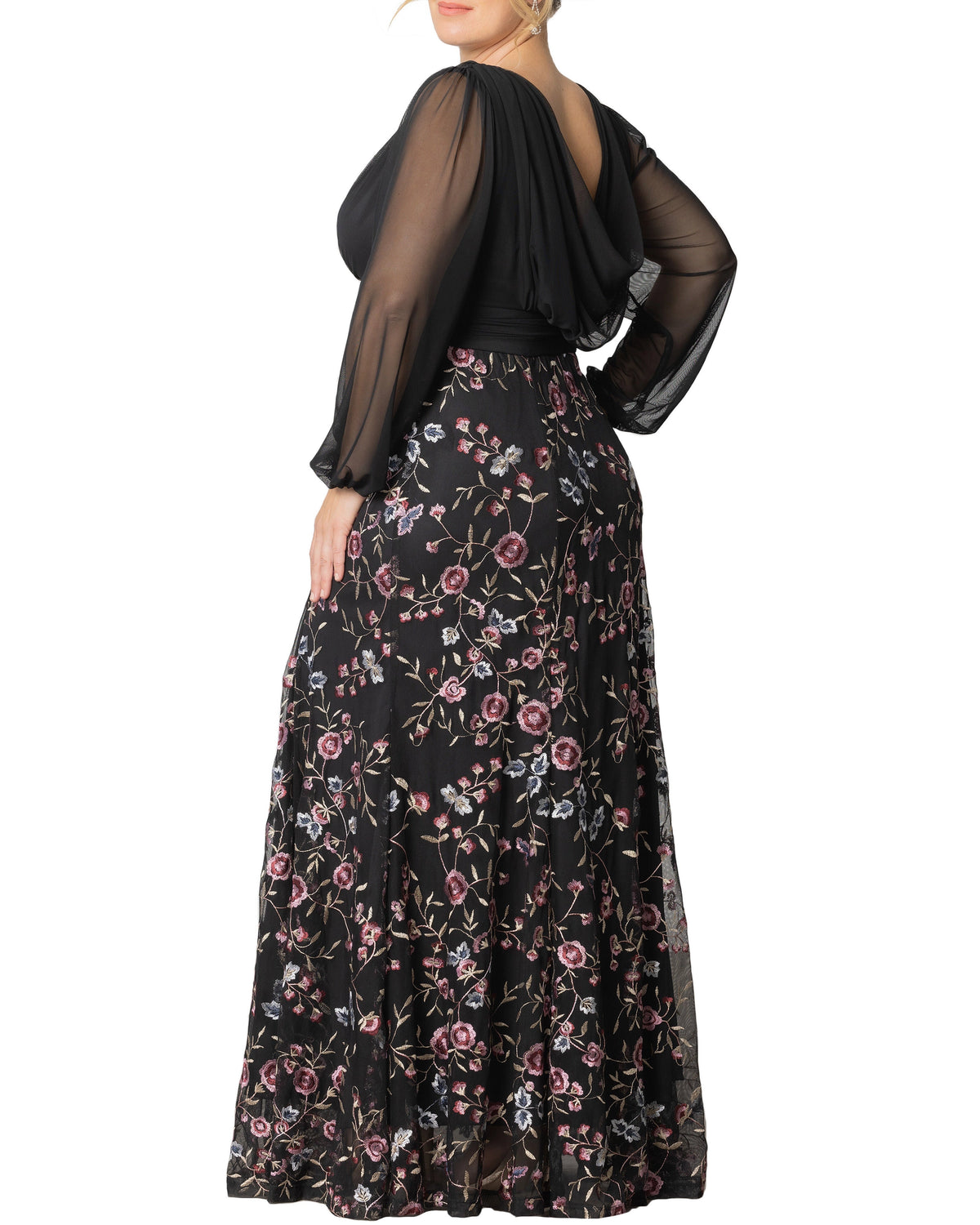 Elegant A-Line V-Neck Long-Sleeve Jacquard Zipper-Back Floor-Length Plus Size Wedding Guest Dress