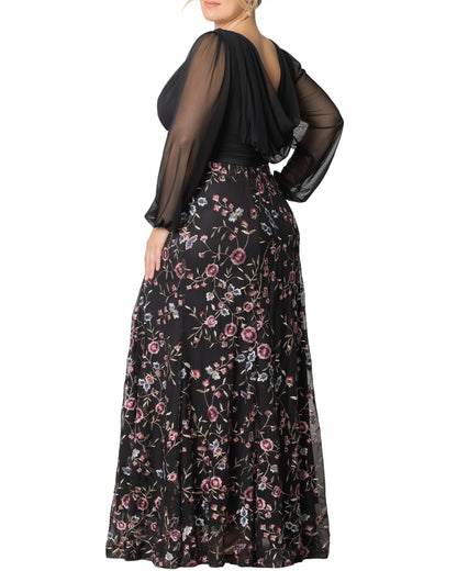 Elegant A-Line V-Neck Long-Sleeve Jacquard Zipper-Back Floor-Length Plus Size Wedding Guest Dress