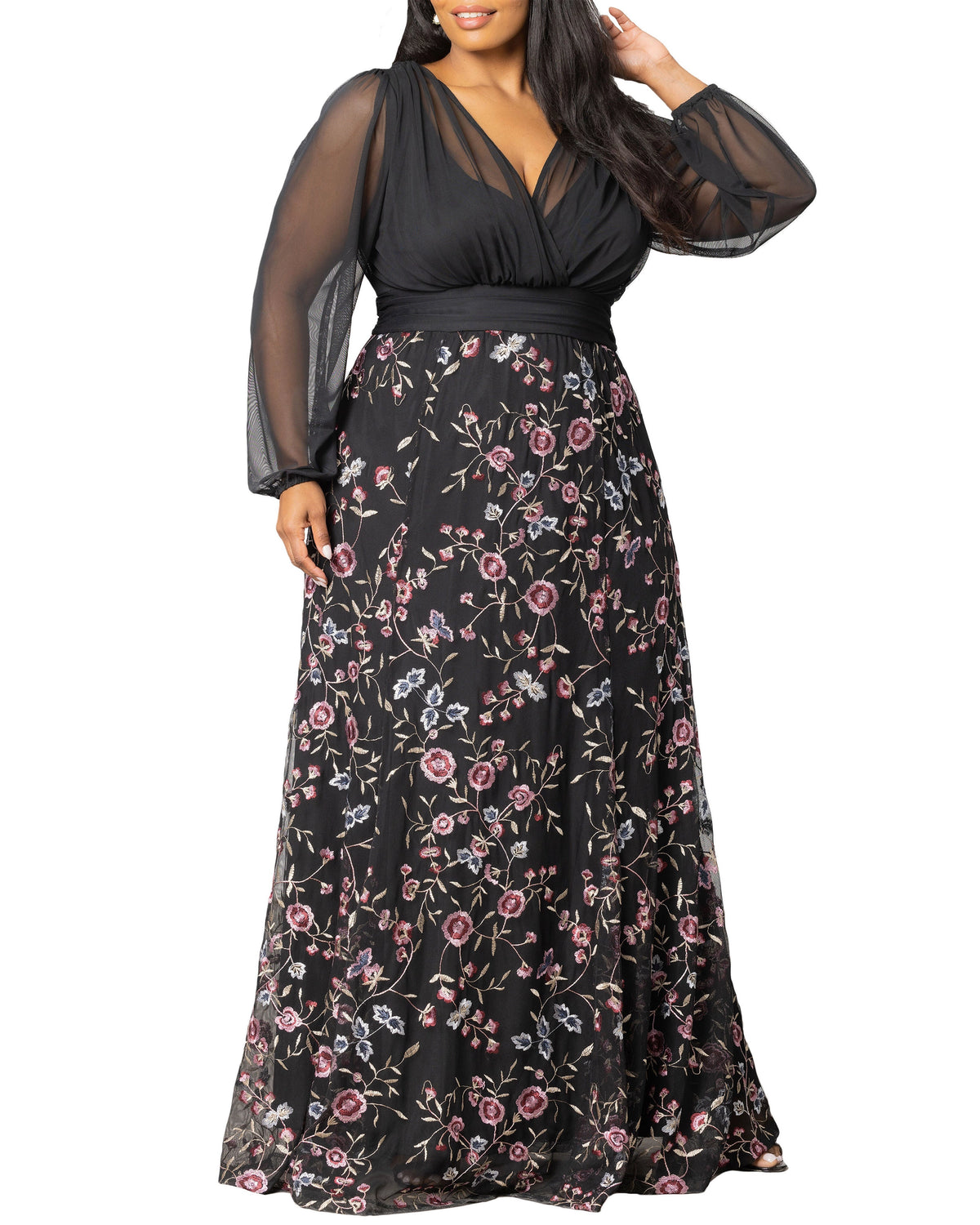 Elegant A-Line V-Neck Long-Sleeve Jacquard Zipper-Back Floor-Length Plus Size Wedding Guest Dress