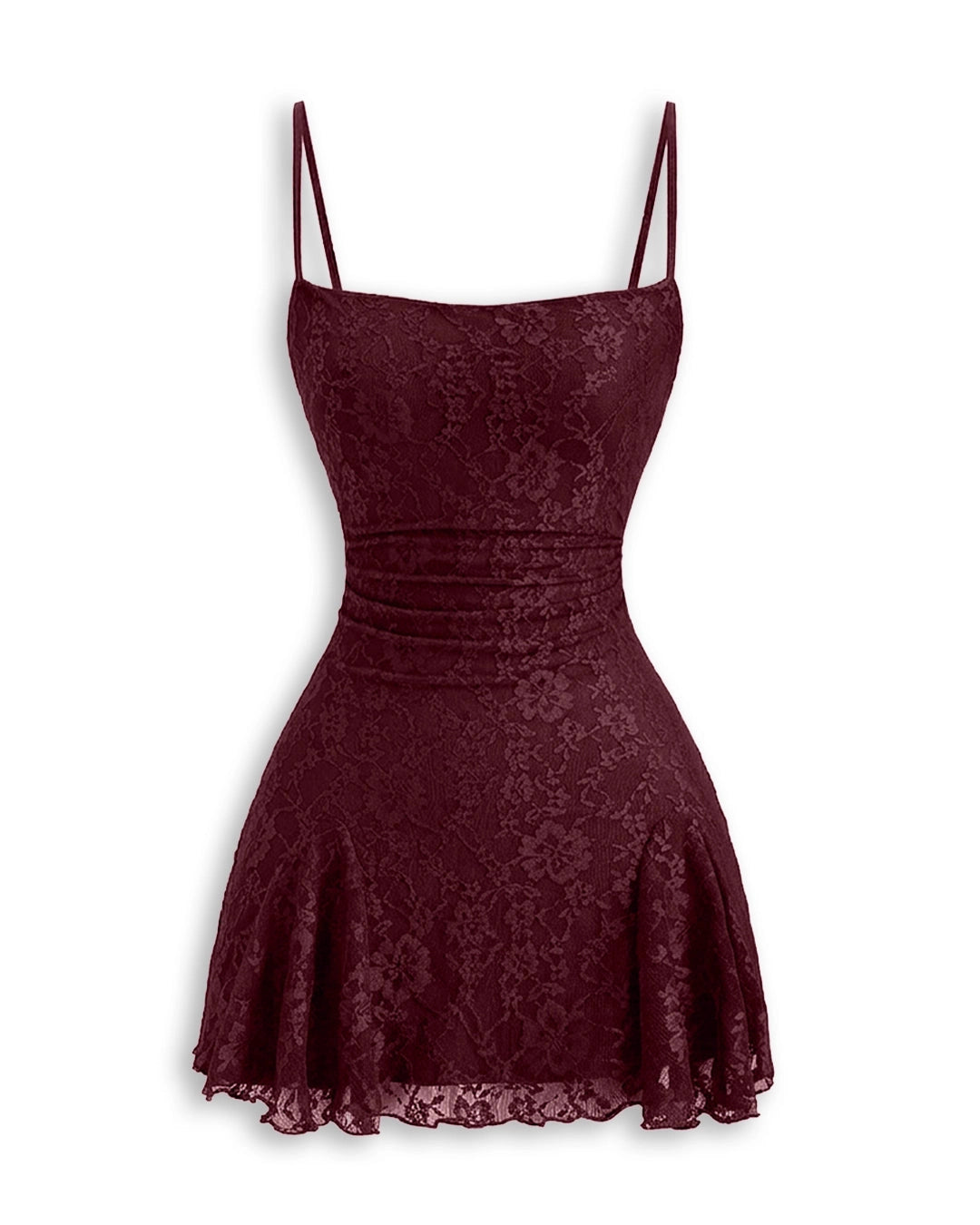 Plus size burgundy lace homecoming dress with thin adjustable straps and straight lined back
