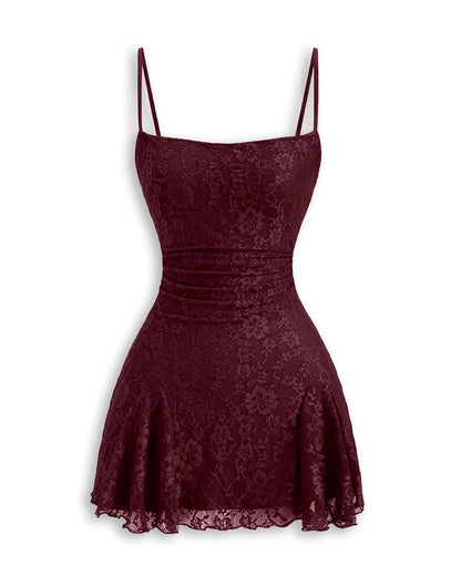 Plus size burgundy lace homecoming dress with thin adjustable straps and straight lined back
