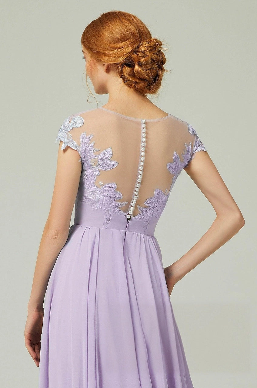 Plus Size Romantic A-Line Illusion Neck Cap Sleeve Button Back Long Bridesmaid Dress
