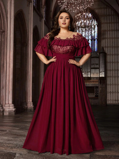 Burgundy Plus Size A‑Line Off‑Shoulder Ruffle‑Short‑Sleeve Illusion‑Back Floor‑Length Prom Dress