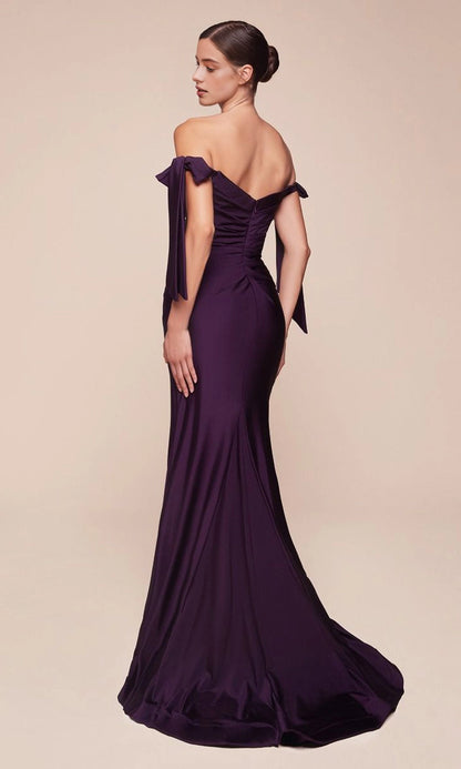 roselledress plum purple fitted mermaid formal gown seamless shallow v plain low open back vertical invisible zipper bow off shoulder stretch satin wedding guest dress back view