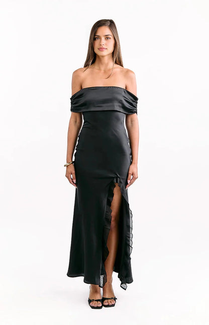 Black Mermaid Off Shoulder Tube Tie Back Long Prom Dress