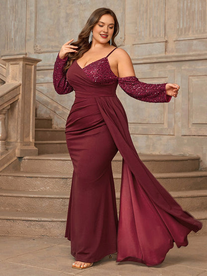 Glamorous Plus Size Sheath V-Neck Long-Sleeve Zip Back Long Burgundy Evening Dress