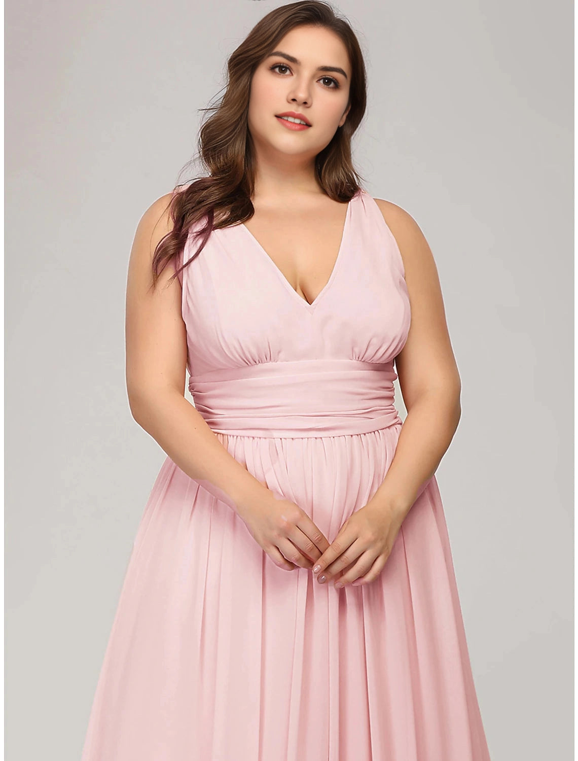 Elegant A‑Line V‑Neck Sleeveless Ruched‑Back Floor‑Length Plus Size Bridesmaid Dress