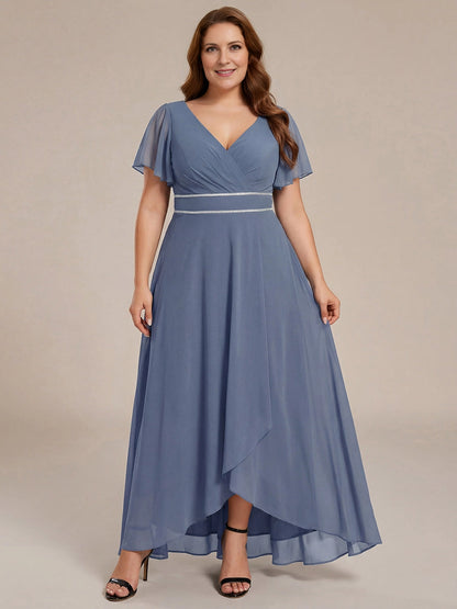 Elegant Plus Size A-Line V-Neck Flutter-Sleeve V-Back Maxi Mother of Bride Dress