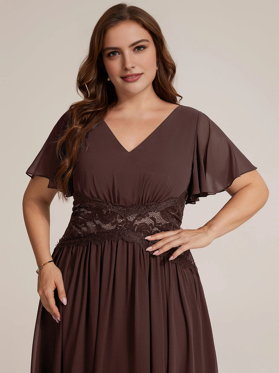 Dark Brown Chiffon Lace Flutter Sleeve Midi Plus Size Mother of the Bride Dress