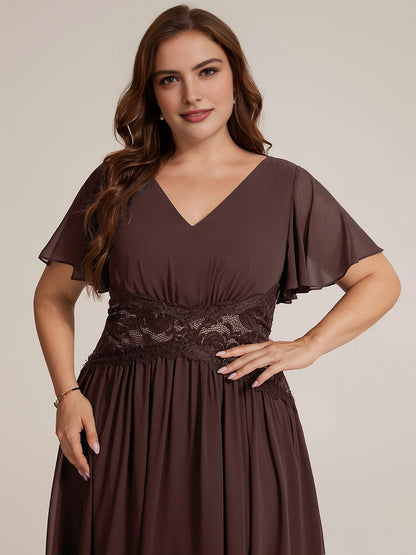 Dark Brown Chiffon Lace Flutter Sleeve Midi Plus Size Mother of the Bride Dress