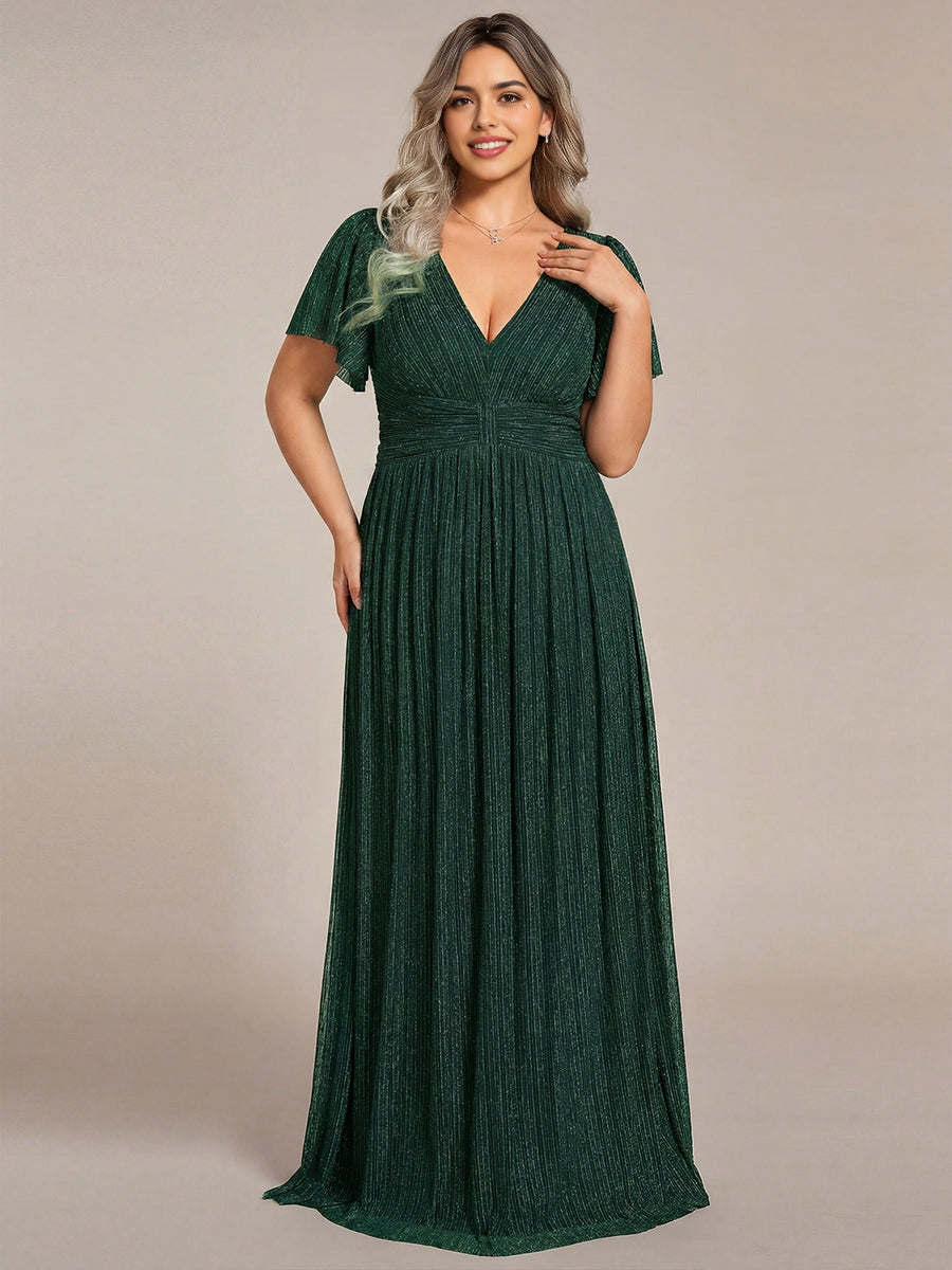 Roselledress emerald green shimmer pleated deep V plus size floor-length bridesmaid dress front view