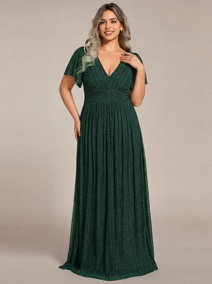 Roselledress emerald green shimmer pleated deep V plus size floor-length bridesmaid dress front view