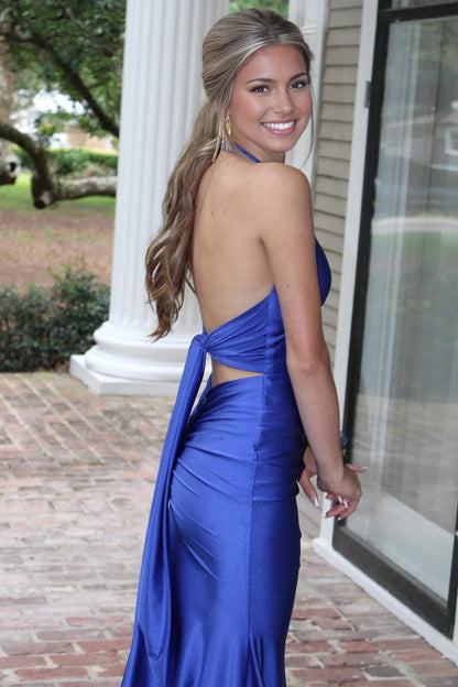 Vibrant Mermaid Halter Sleeveless Tie‑Back Floor‑Length Prom Dress
