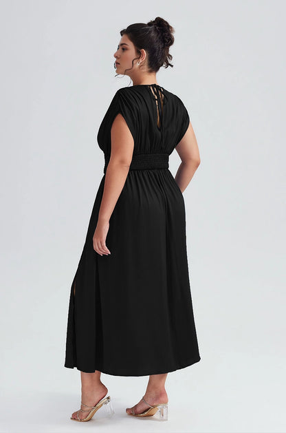 Plus Size Royal Blue A Line V Neck Cap Sleeve Tie‑Back Midi Prom Dress