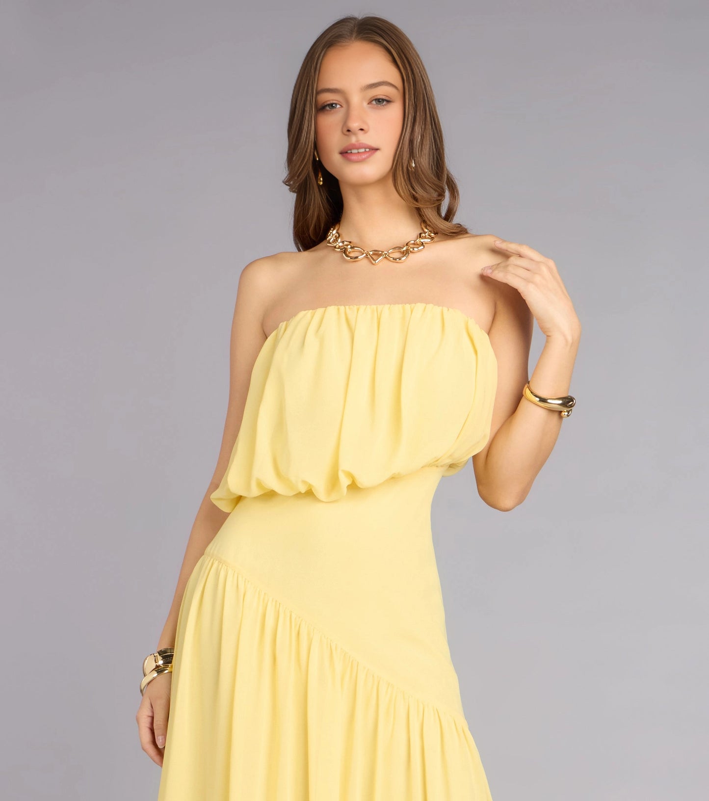 RoselleDress Pale Yellow Strapless Bubble Tube Chiffon Prom Dress