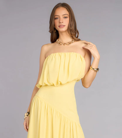 RoselleDress Pale Yellow Strapless Bubble Tube Chiffon Prom Dress
