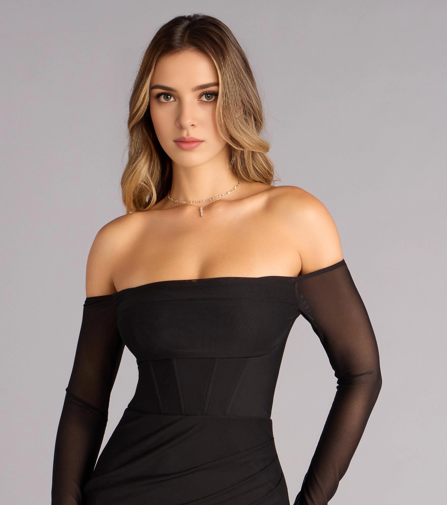 Roselledress Slim Mermaid Off-Shoulder Mesh-Sleeve Zip-Back Maxi Plus Size Prom Dress