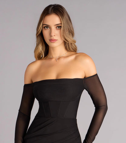 Roselledress Slim Mermaid Off-Shoulder Mesh-Sleeve Zip-Back Maxi Plus Size Prom Dress