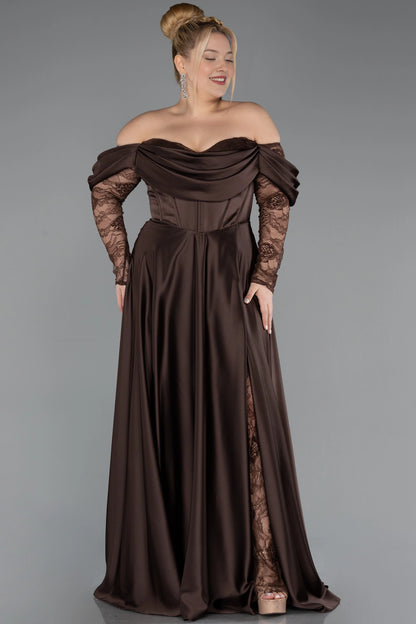 Elegant A-Line Off-Shoulder Lace-Sleeve Zipper-Back Floor-Length Plus Size Wedding Guest Dress