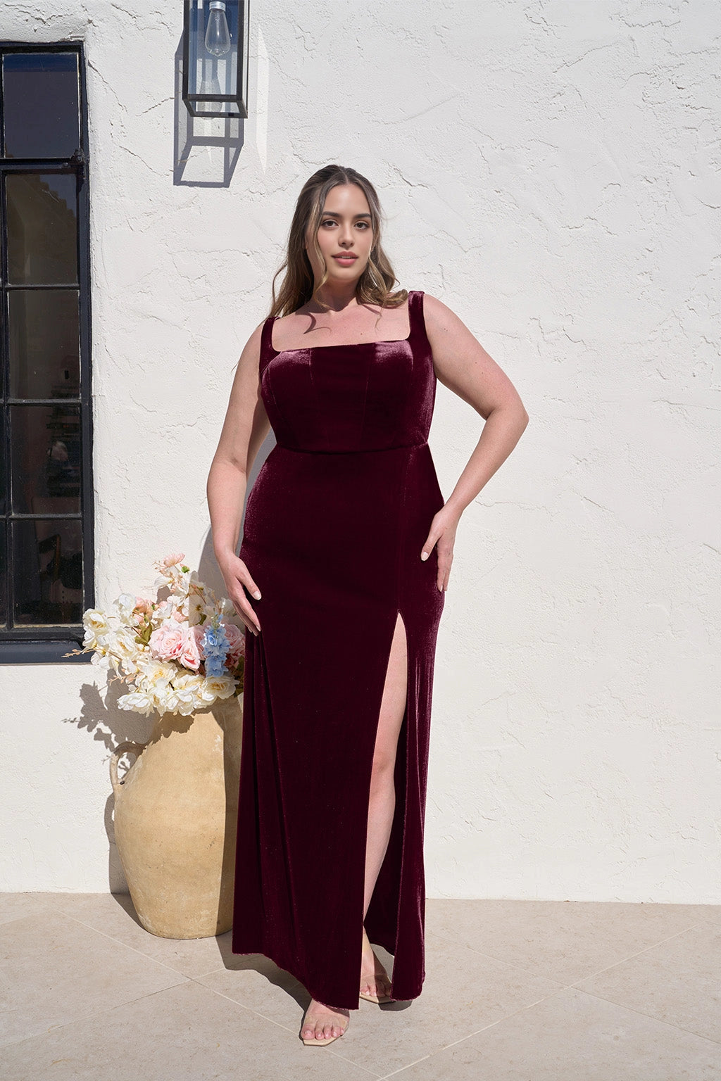 Elegant Sheath Square Neck Sleeveless Scoop Back Long Plus Size Wedding Guest Dress