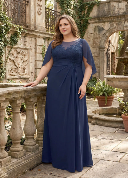 Elegant A-line Illusion Neck Cape Sleeve Draped-Back Maxi plus size Mother Of Bride Dress