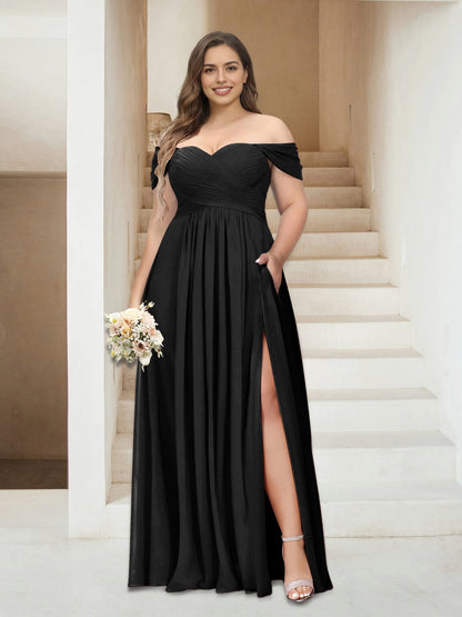 Romantic A-Line Off Shoulder Short Sleeve Ruched Back Floor Length Plus Size Mother Of The Bride Dress