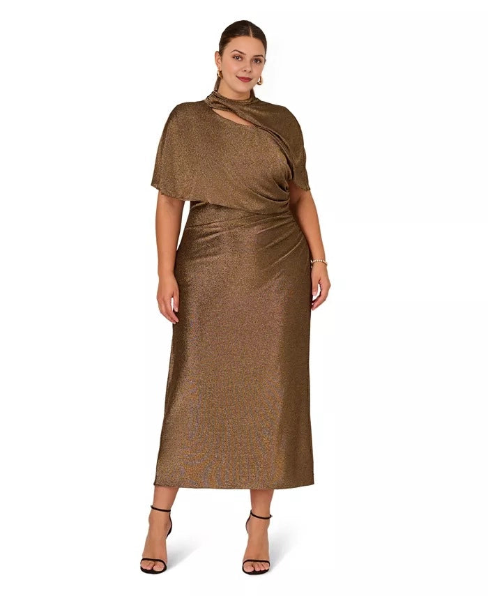 Bronze Metallic Cape Sleeve Twist Cut‑Out Midi Plus Size Wedding Guest Dress