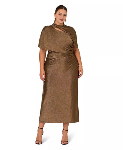 Bronze Metallic Cape Sleeve Twist Cut‑Out Midi Plus Size Wedding Guest Dress