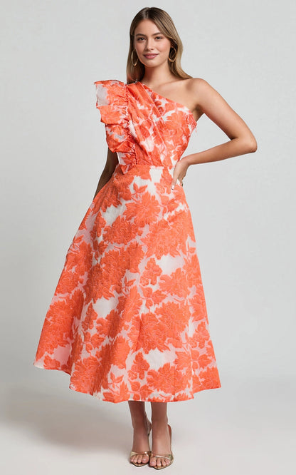 A Line One Shoulder Ruffle Floral Jacquard Plus Size Wedding Guest Midi Dress