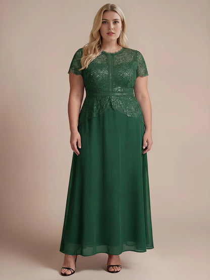 Roselledress Black A Line High Neck Short Sleeve Zip Back Maxi Plus Size Wedding Guest Dress 