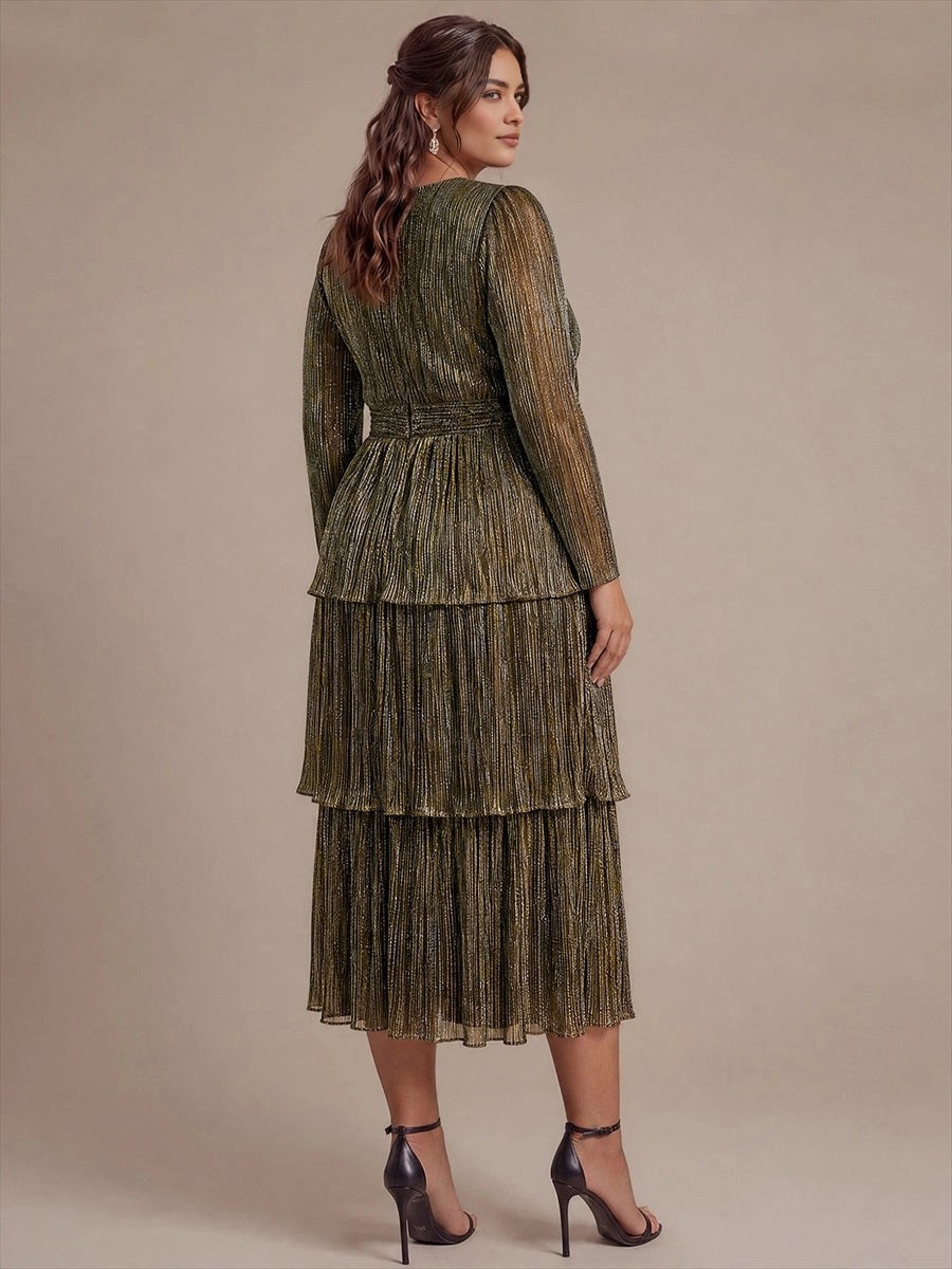 roselledress olive green shimmer tiered cake skirt maxi dress long sleeve ruched back plus size formal wedding guest dress back view