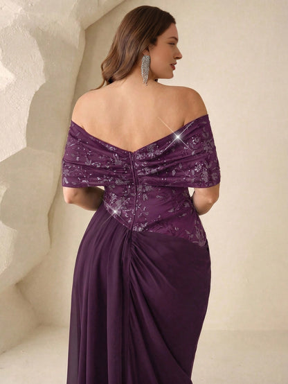 Elegant Plus Size Sheath Off-the-Shoulder Zip Back Long Chiffon Evening Dress