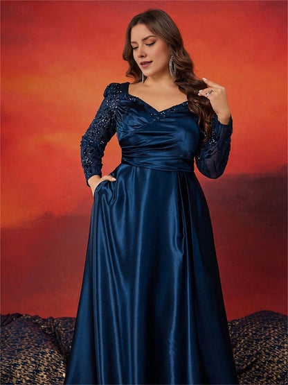 A-Line V-Neck Long Sleeve Back Zipper Floor Length Plus Size Sequin Satin Prom Dress