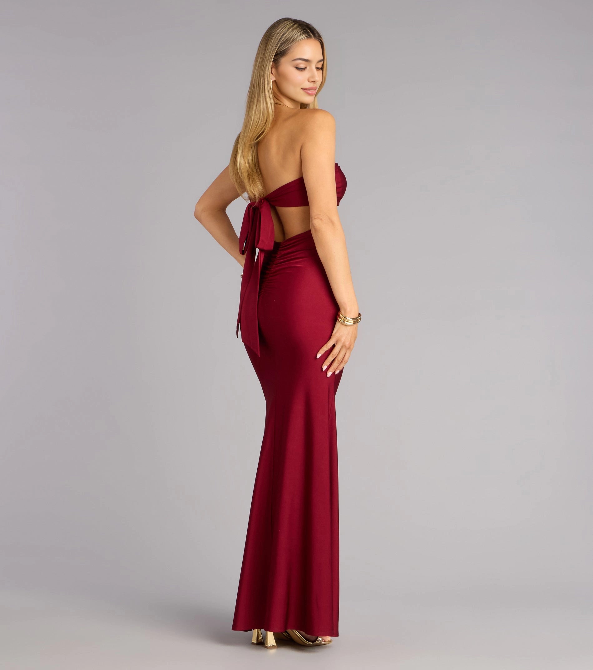 roselledress open back tie bow ruched burgundy strapless formal evening gown
