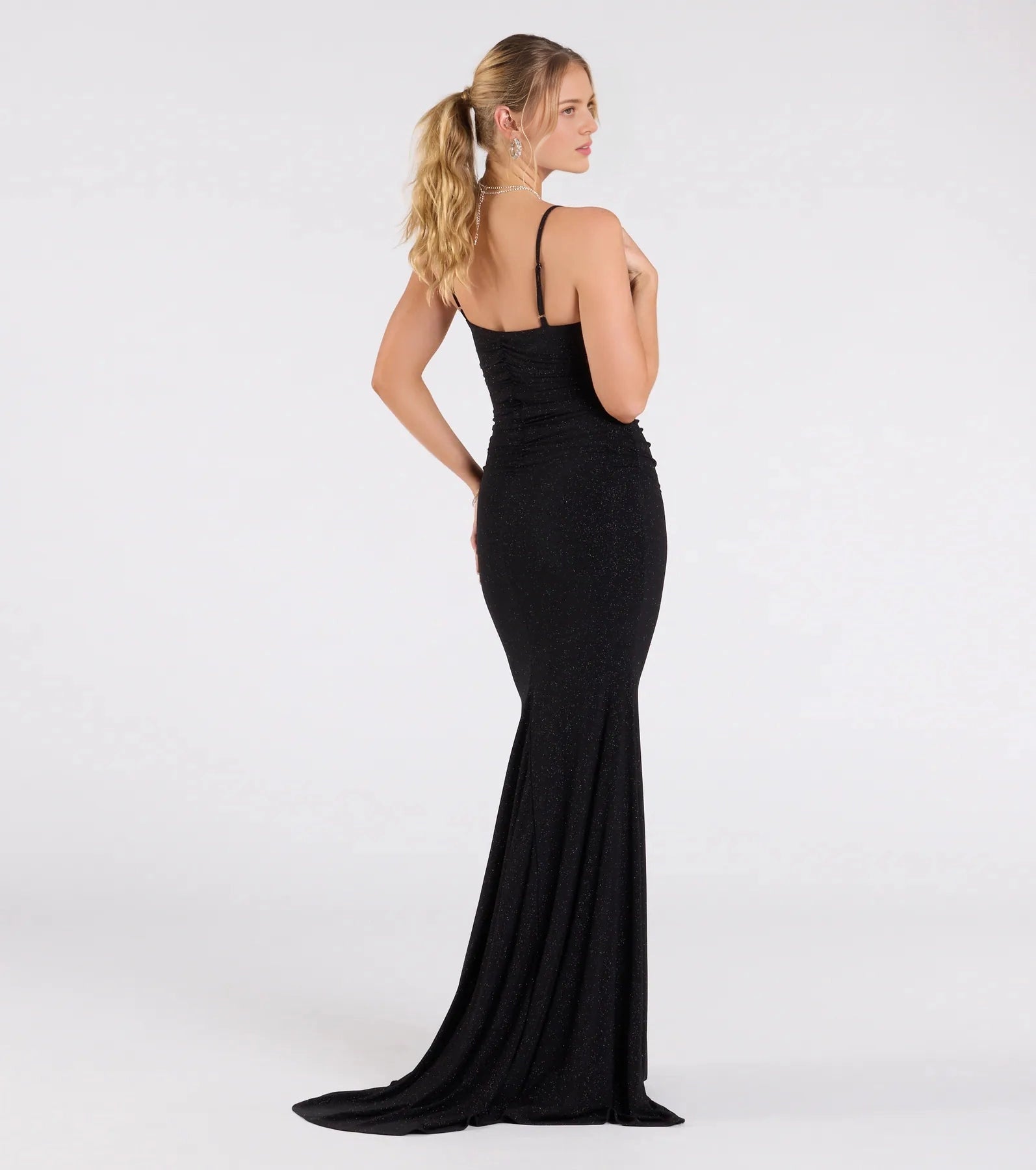 Roselledress elegant evening dress adjustable thin strap back zipper small train formal maxi dress back photo