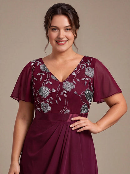 A-Line V-Neck Flutter Sleeve V-Back High-Low Mother of the Bride Dress