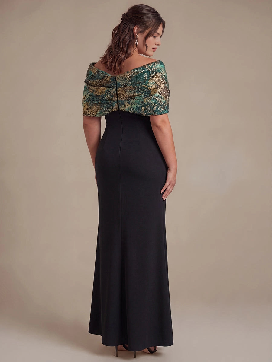 Roselledress Black Mermaid Off Shoulder Bow Sleeve Button Back Floor Length Plus Size Wedding Guest Dress 