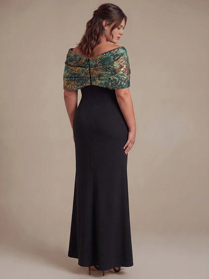 Roselledress Black Mermaid Off Shoulder Bow Sleeve Button Back Floor Length Plus Size Wedding Guest Dress 