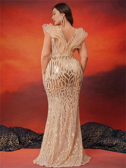 Luxury Mermaid V-Neck Ruffle Cap Sleeve V-Back Floor-Length Plus Size Sequin Prom Dress