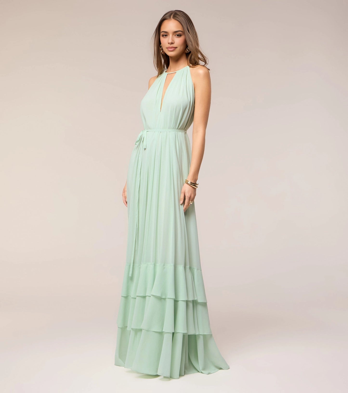 Mint A-Line Halter Keyhole Sleeveless Pleated Back Floor-Length Prom Dress