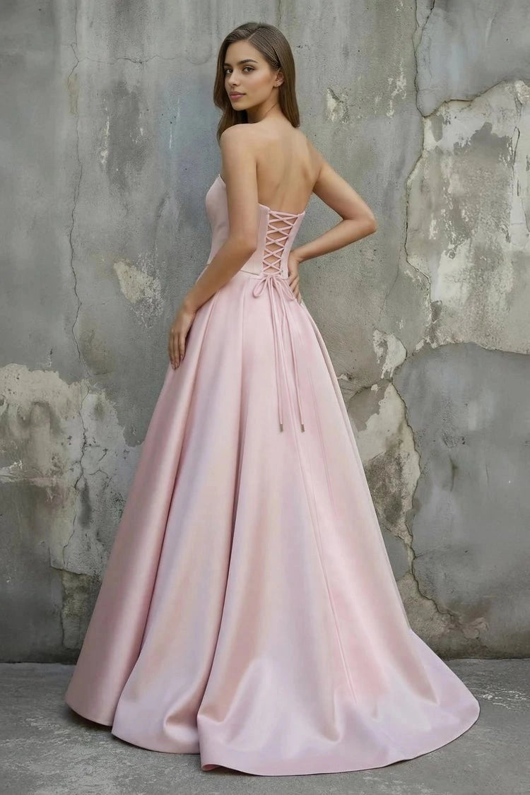 Roselledress elegant formal gown strapless corset lace up open back full train satin evening dress back view photo
