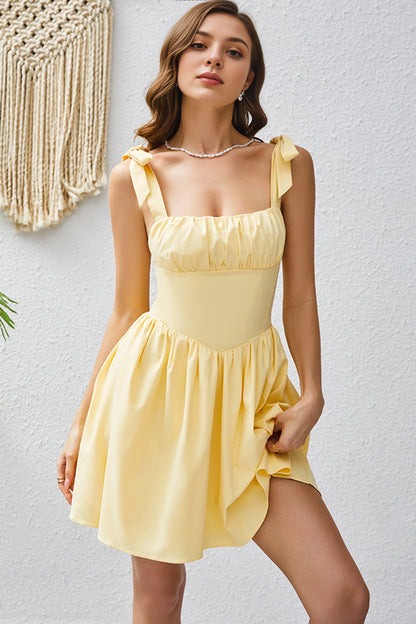 Pale Yellow A Line Square Neck Bow Strap Lace Up Back Mini Homecoming Dress