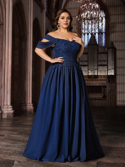 Plus Size Navy A‑Line Off‑Shoulder Sweetheart Short‑Sleeve Smocked‑Back Floor‑Length Prom Dress